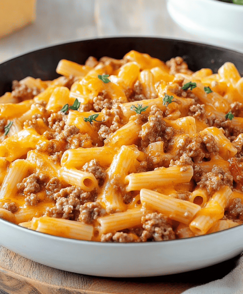 Cheesy Ground Beef Pasta Skillet Recipe