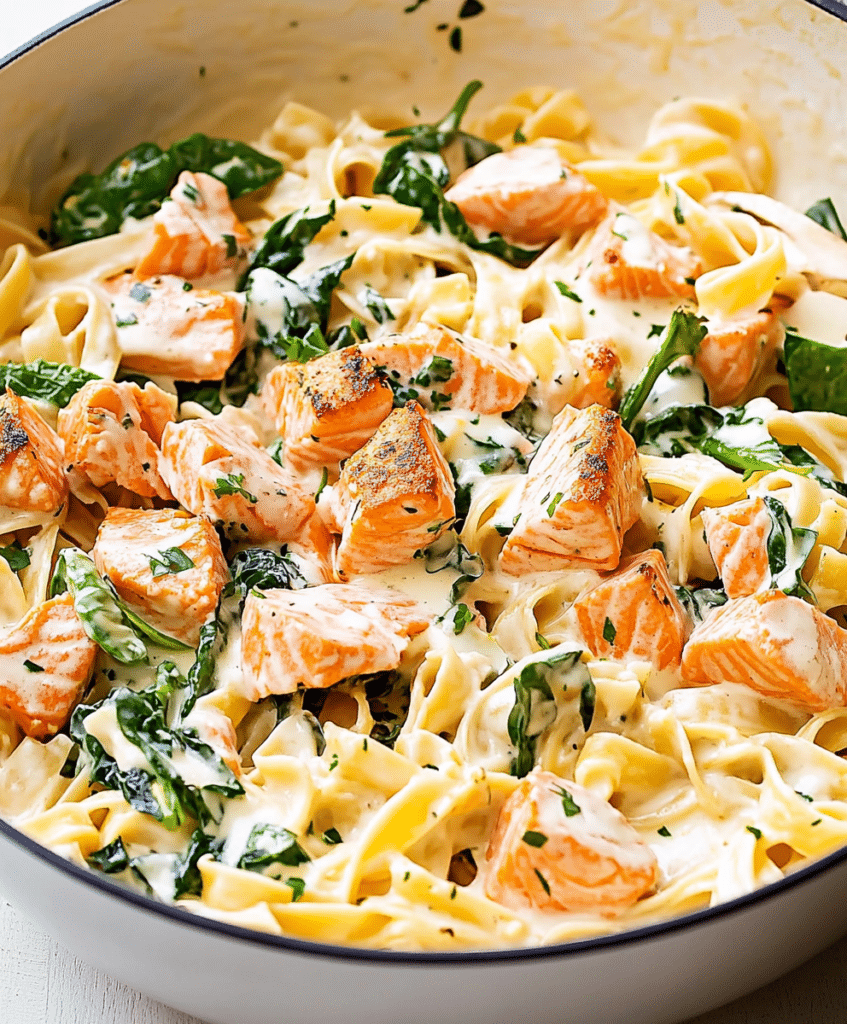Creamy Salmon Pasta With Mixed Greens Recipe